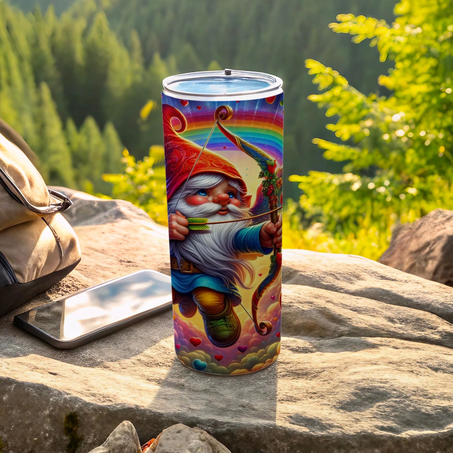 Vibrant Gnome with Bow and Rainbow Art Design Tumbler