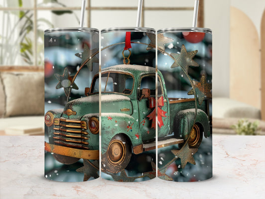 Vintage green truck with wreath and bow, festive winter scene background.