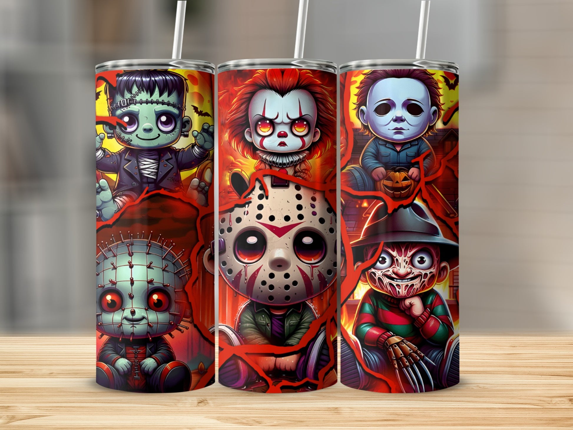 Three tumblers featuring cartoon horror characters: Frankenstein, Pennywise, and Michael Myers.