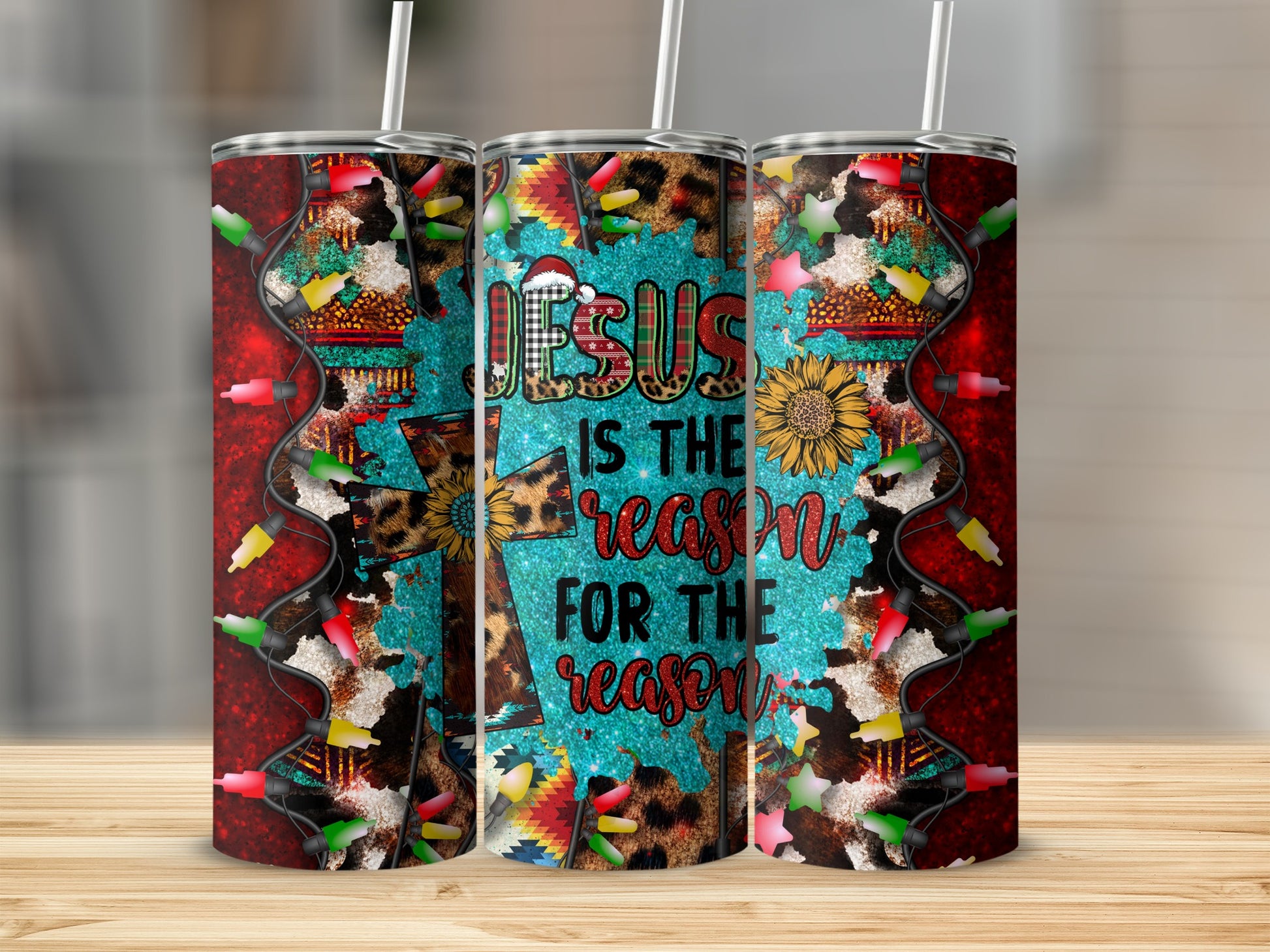 Jesus is the reason for the season tumbler with Christmas lights and leopard print.