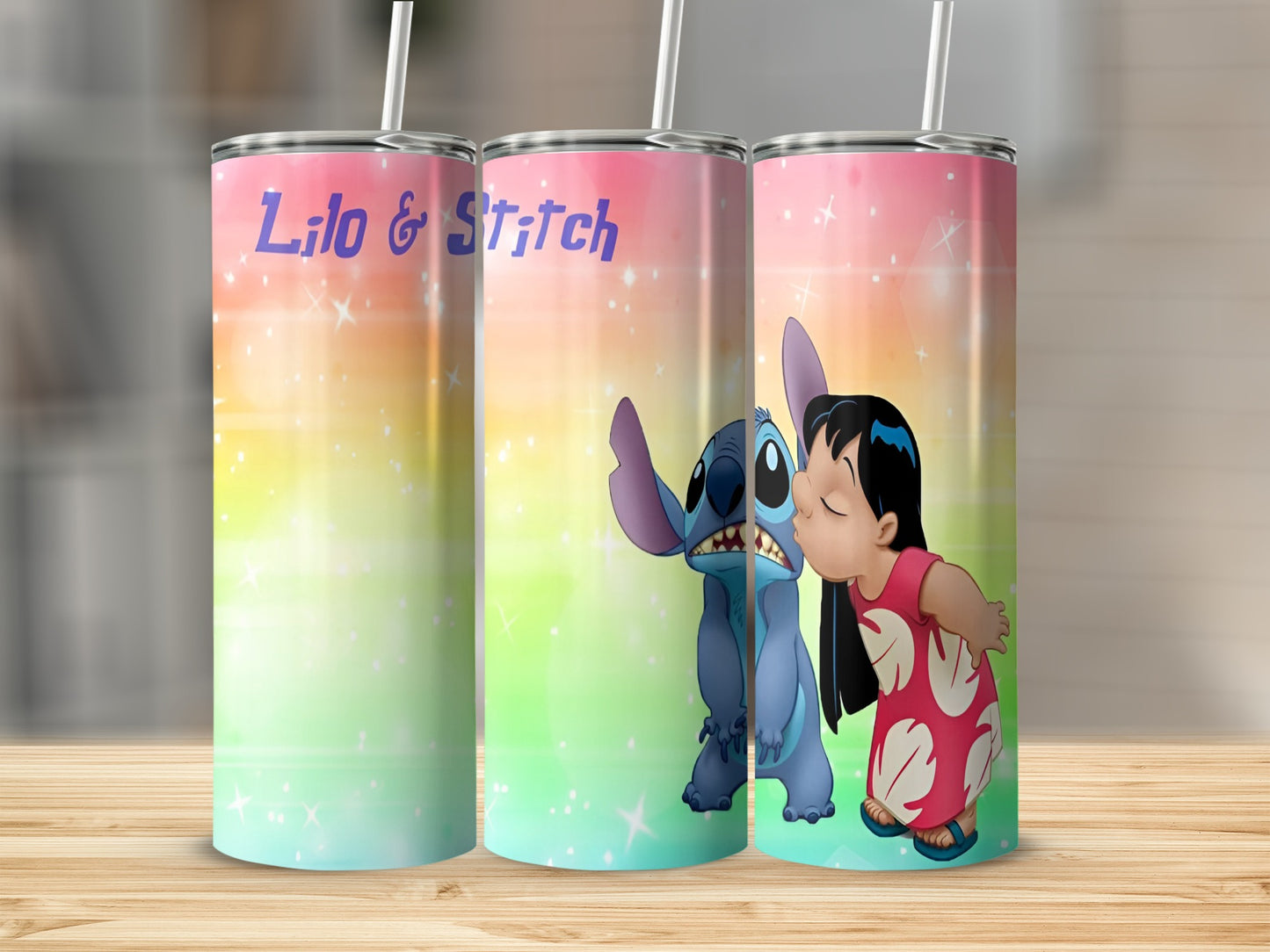 Lilo kissing Stitch on a colorful sparkly tumbler.