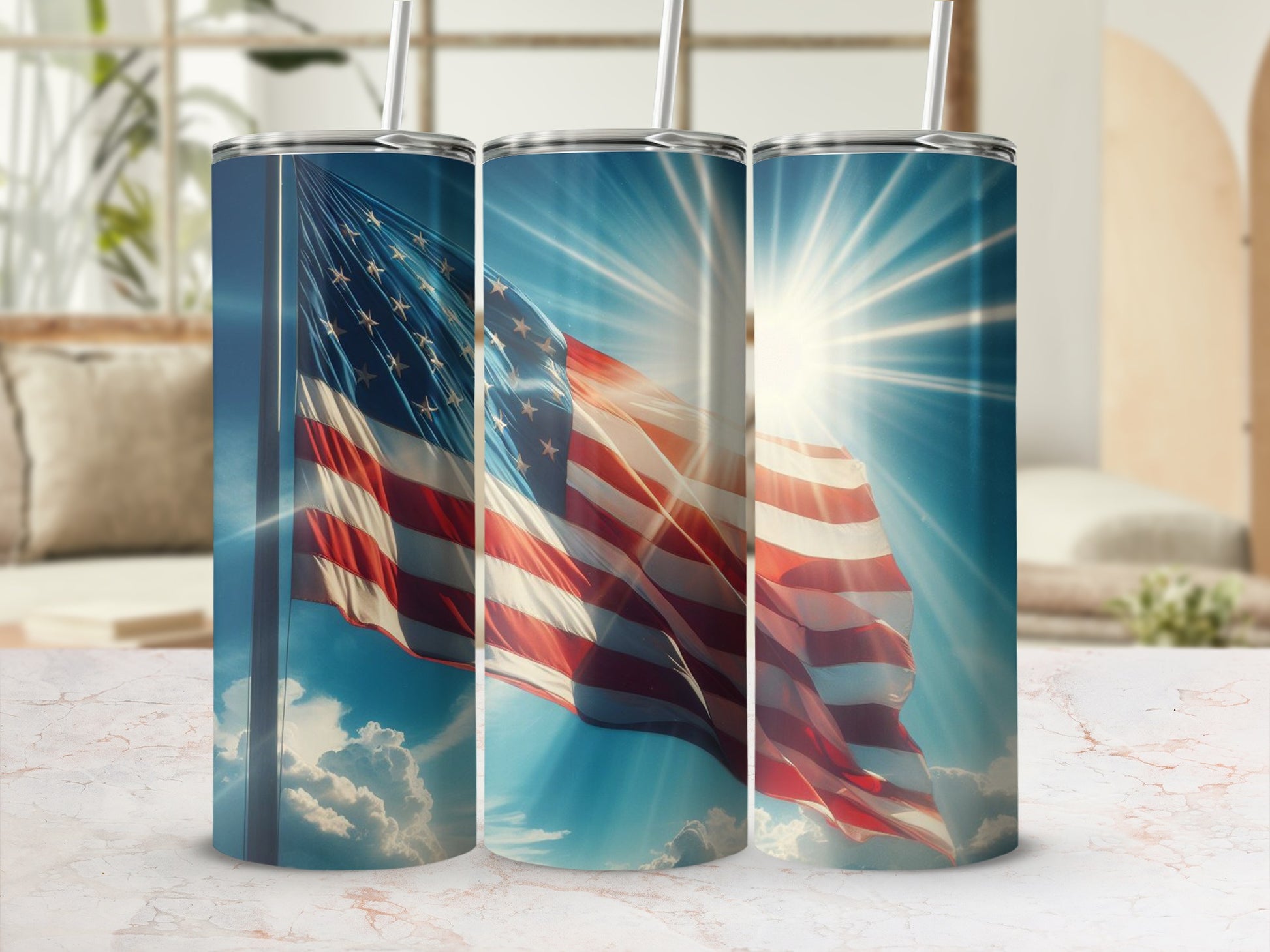 American flag unfurling against bright sun and clouds.