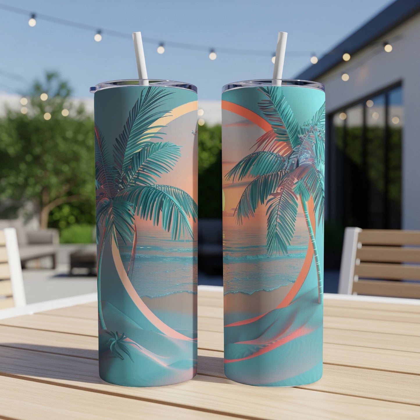Two tumblers with a beach sunset scene and palm trees.
