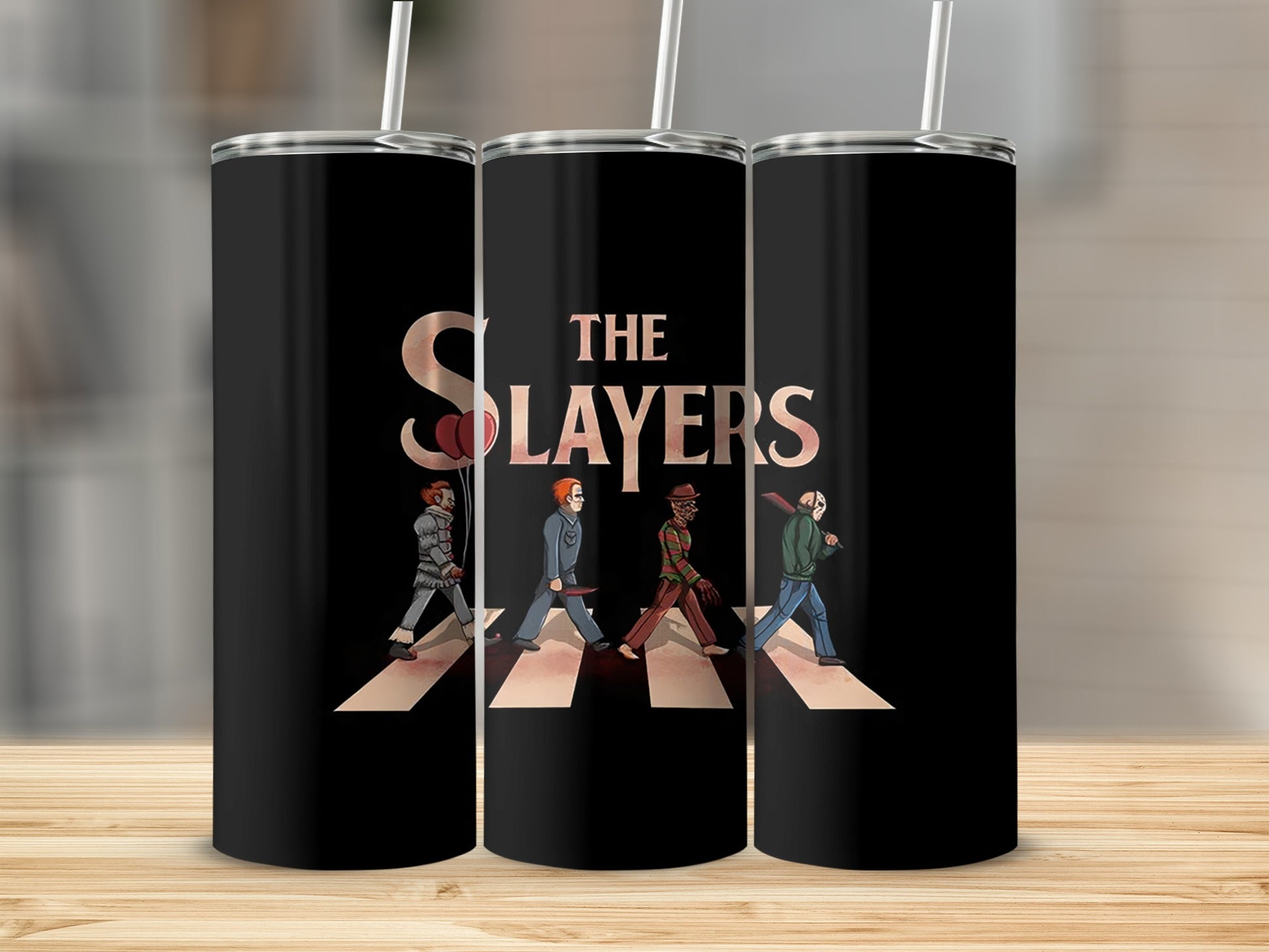 The Slayers walking across Abbey Road, featuring horror movie characters.