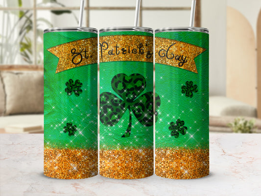 Green St. Patrick's Day tumbler with glitter and shamrock pattern.