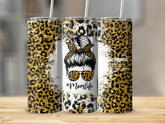 Glittering leopard print tumbler with messy bun and sunglasses, #Momlife.