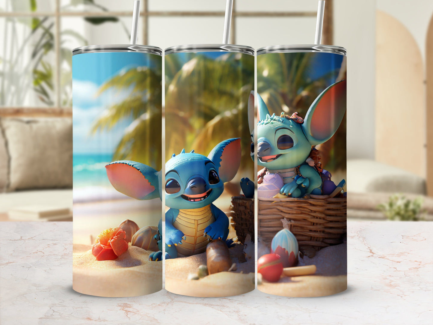 Three tumblers featuring Stitch from Lilo & Stitch on a beach scene.