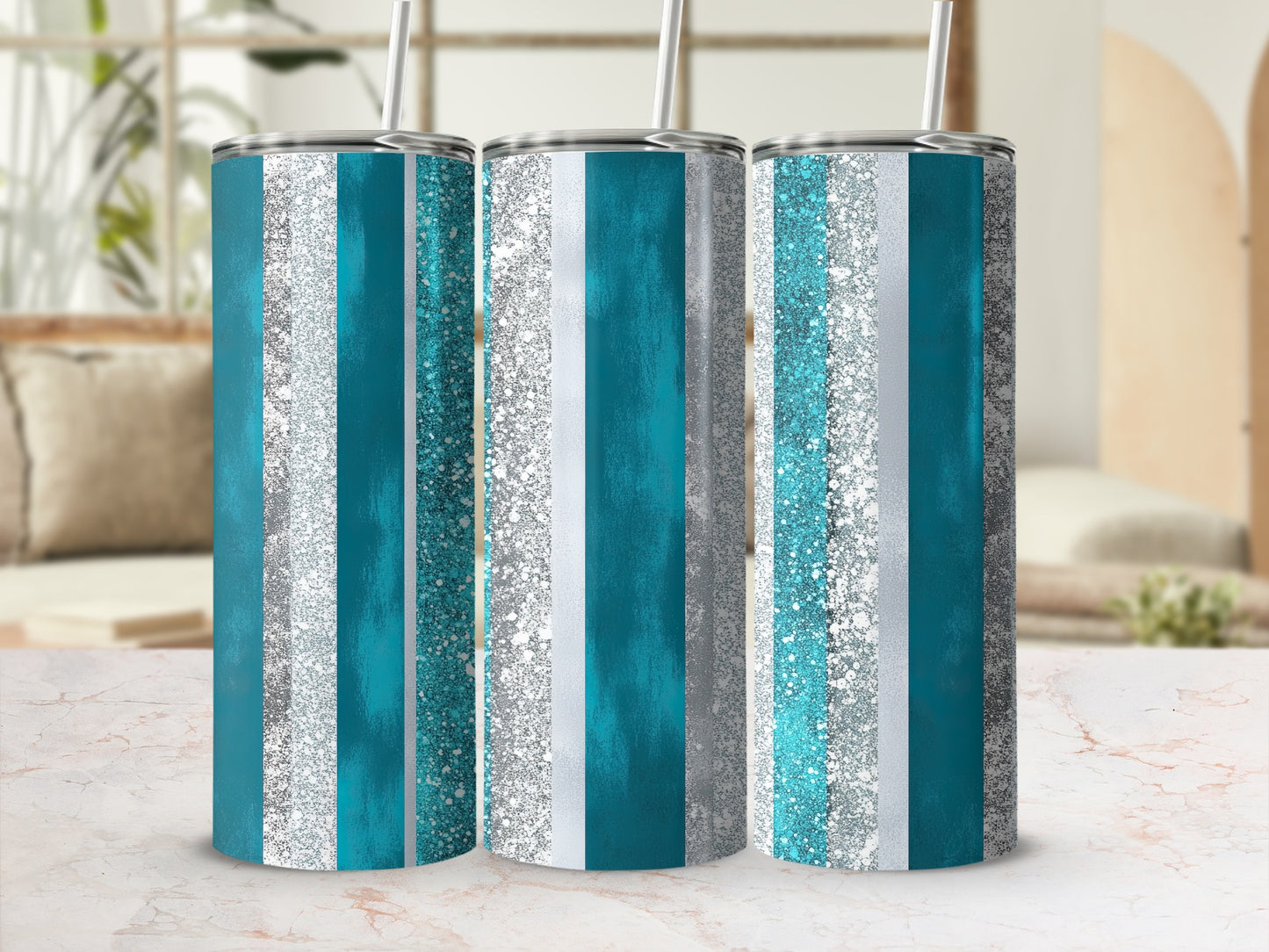 Teal Silver Vertical Lines Abstract Pattern Cool Tumblers