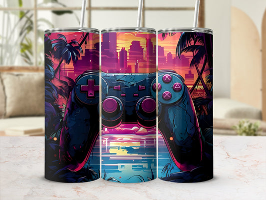 Triptych of a video game controller against a colorful tropical sunset cityscape.
