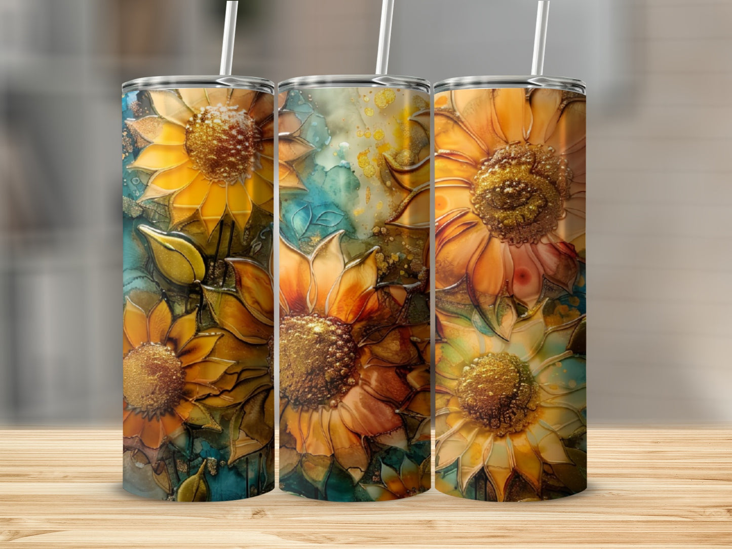 Three tumblers featuring vibrant sunflower designs with watercolor backgrounds.