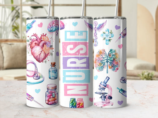 Watercolor nurse tumbler with medical icons and brain floral art.