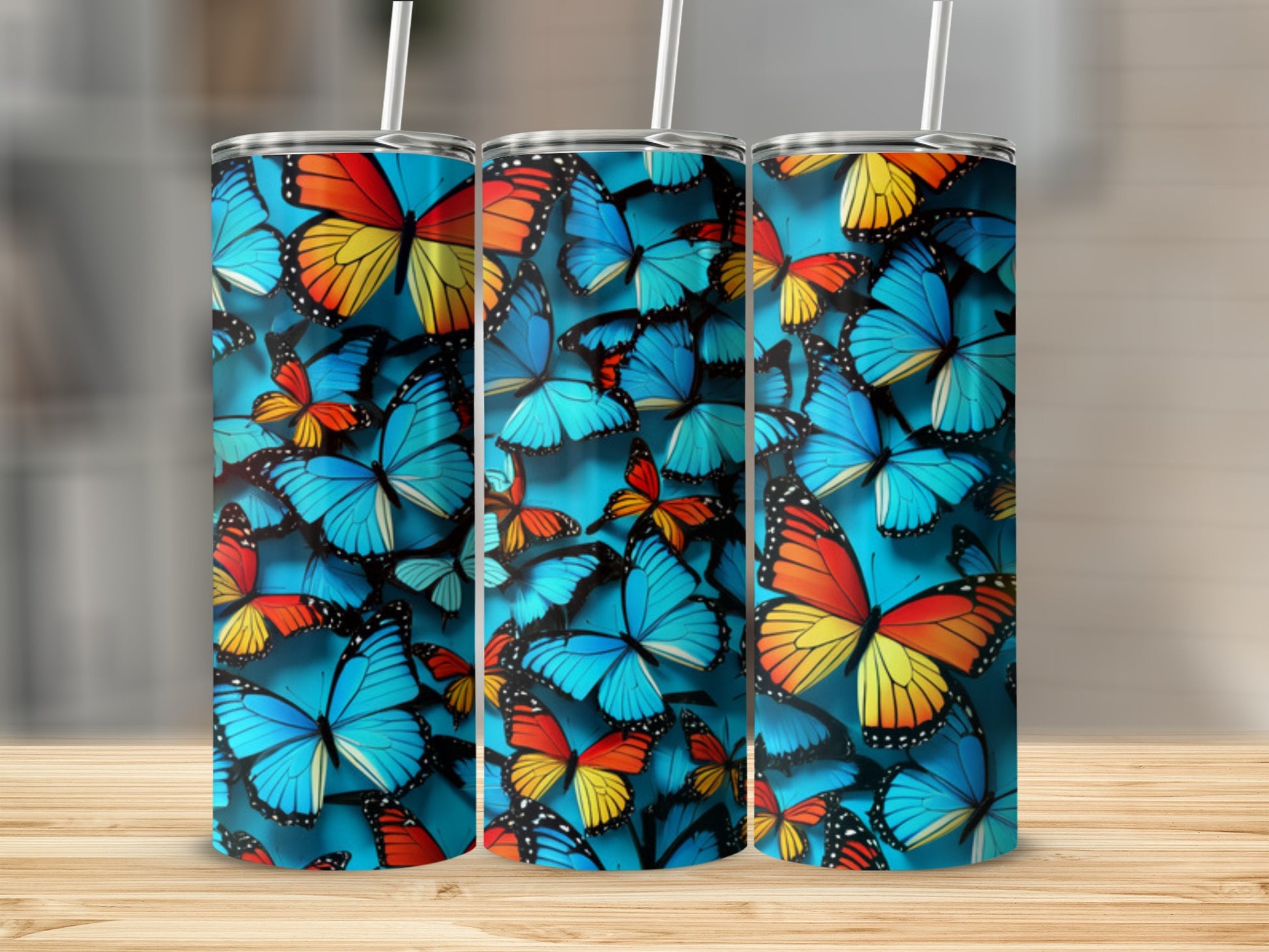 Tumbler with colorful butterfly pattern.