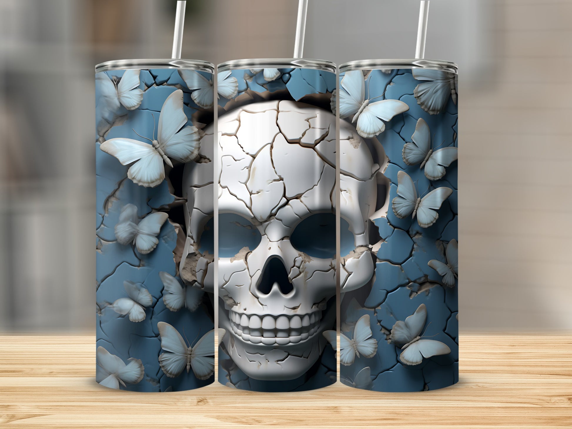 Cracked skull with butterflies on a blue background, three tumblers.