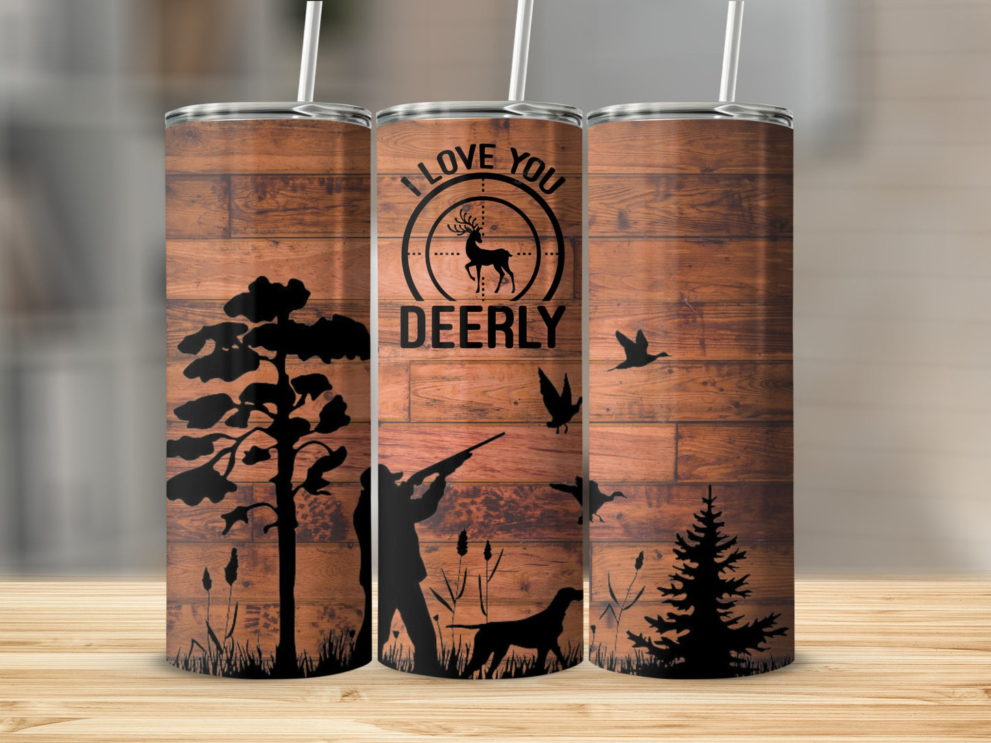 I Love You Deerly Hunting Scene Design on Metal Tumbler