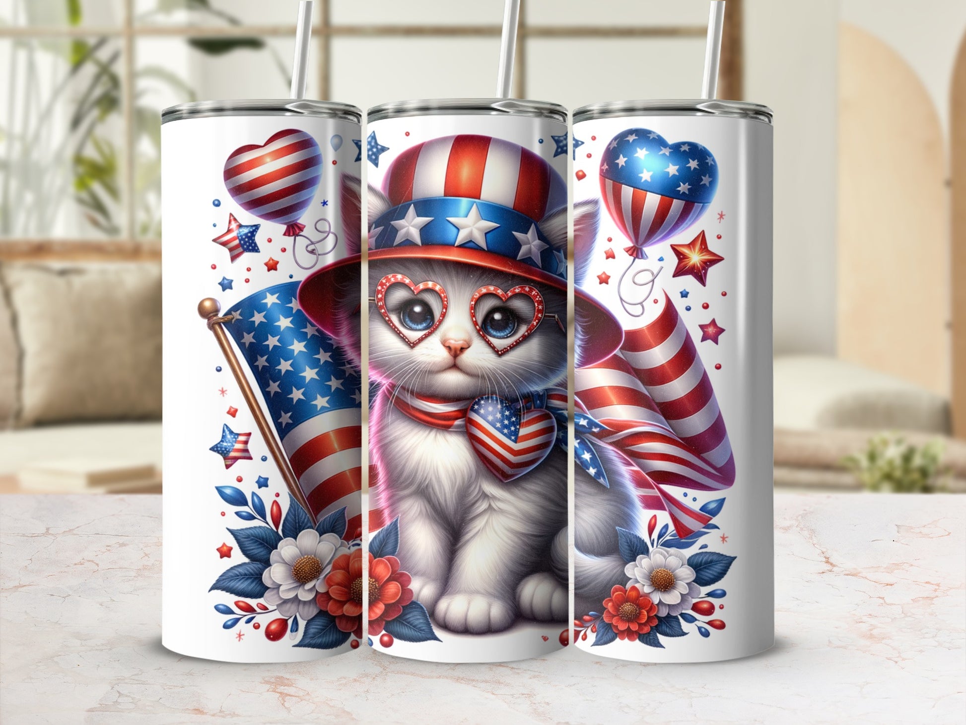 Patriotic cat wearing a hat and glasses, with American flags and stars.
