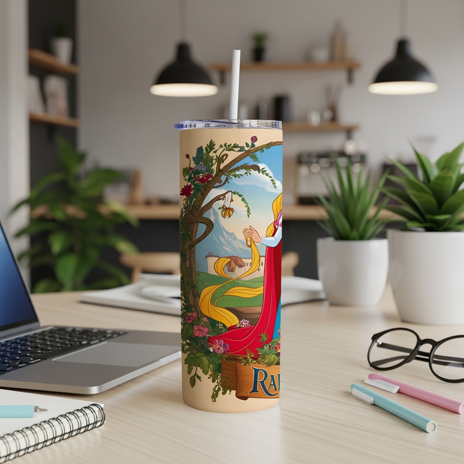 Rapunzel with long blonde hair on a tan tumbler with a floral and tree design.