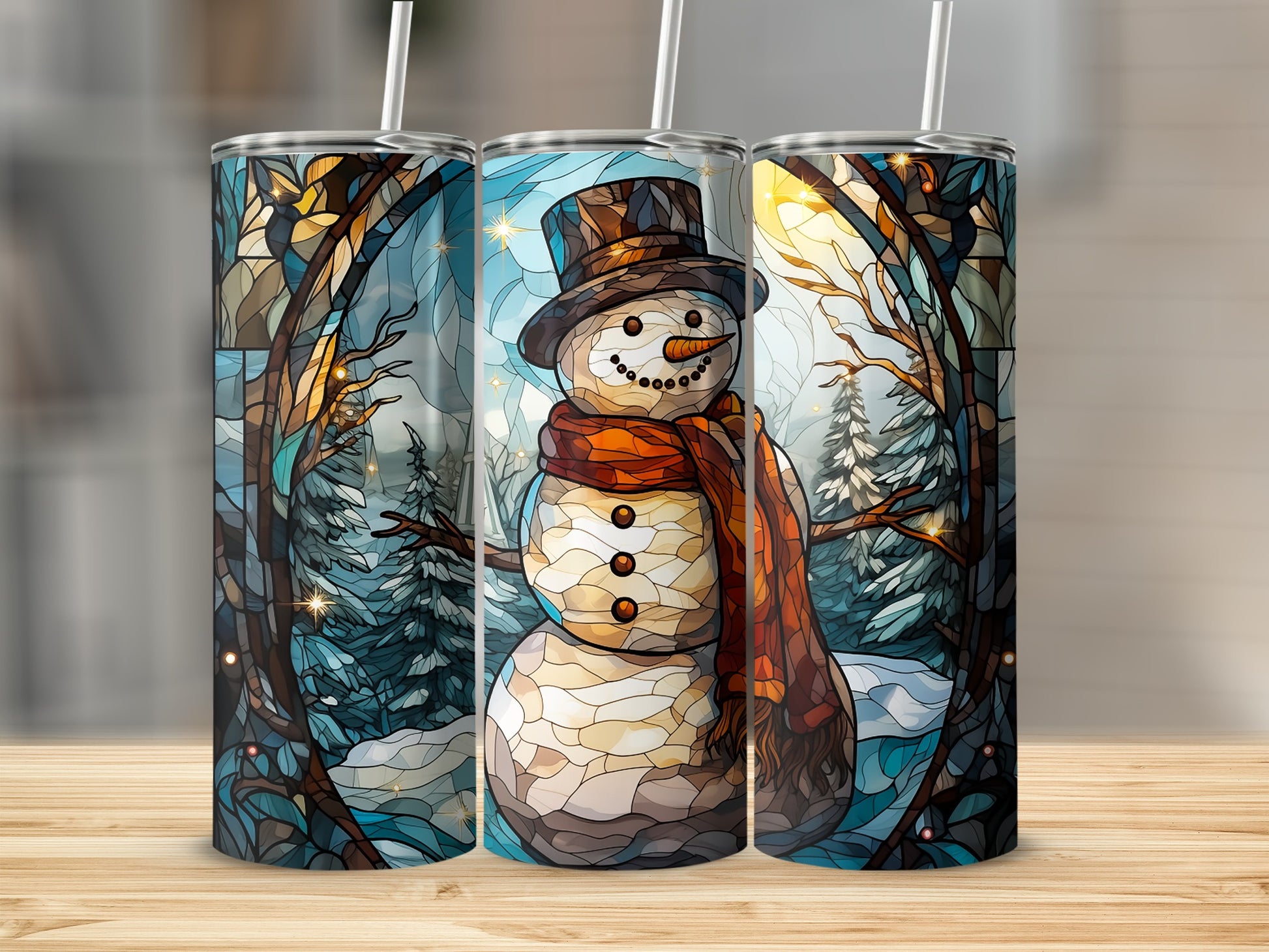 Stained glass tumbler with a snowman in a winter forest.