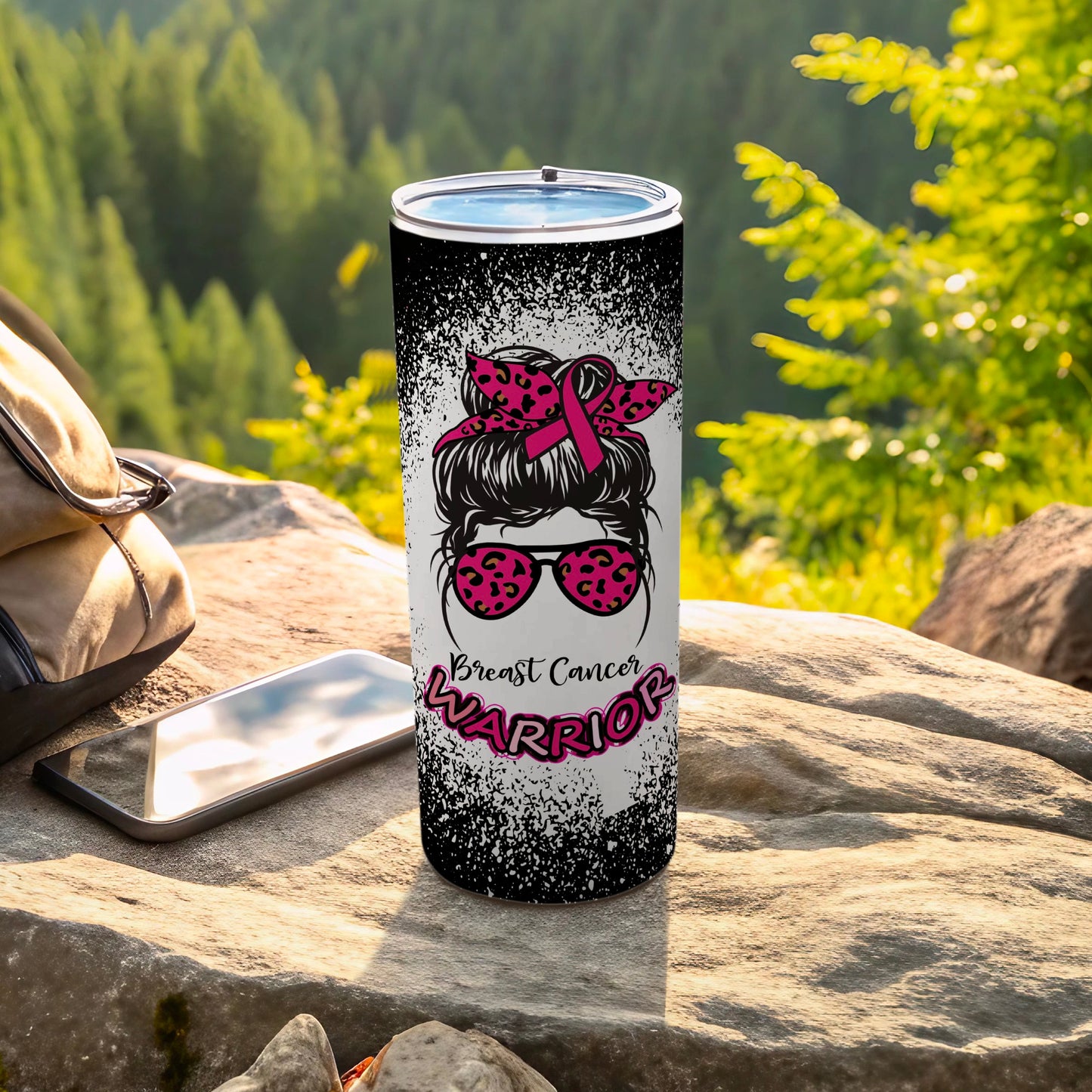 Tumbler with "Breast Cancer Warrior" text and a pink ribbon.