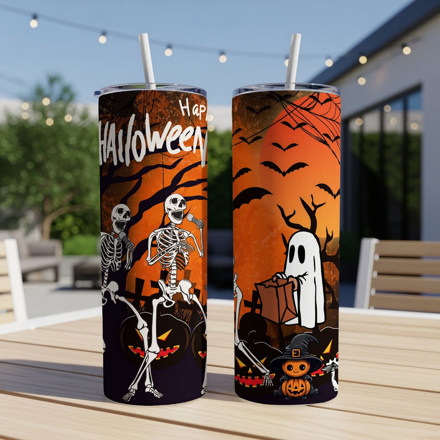 Halloween tumblers with skeletons, ghost, pumpkin, and bats on orange background.