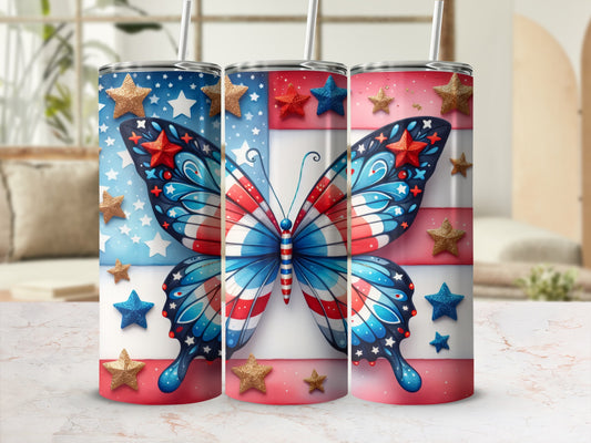 Butterfly design with American flag wings and gold stars on a tumbler.