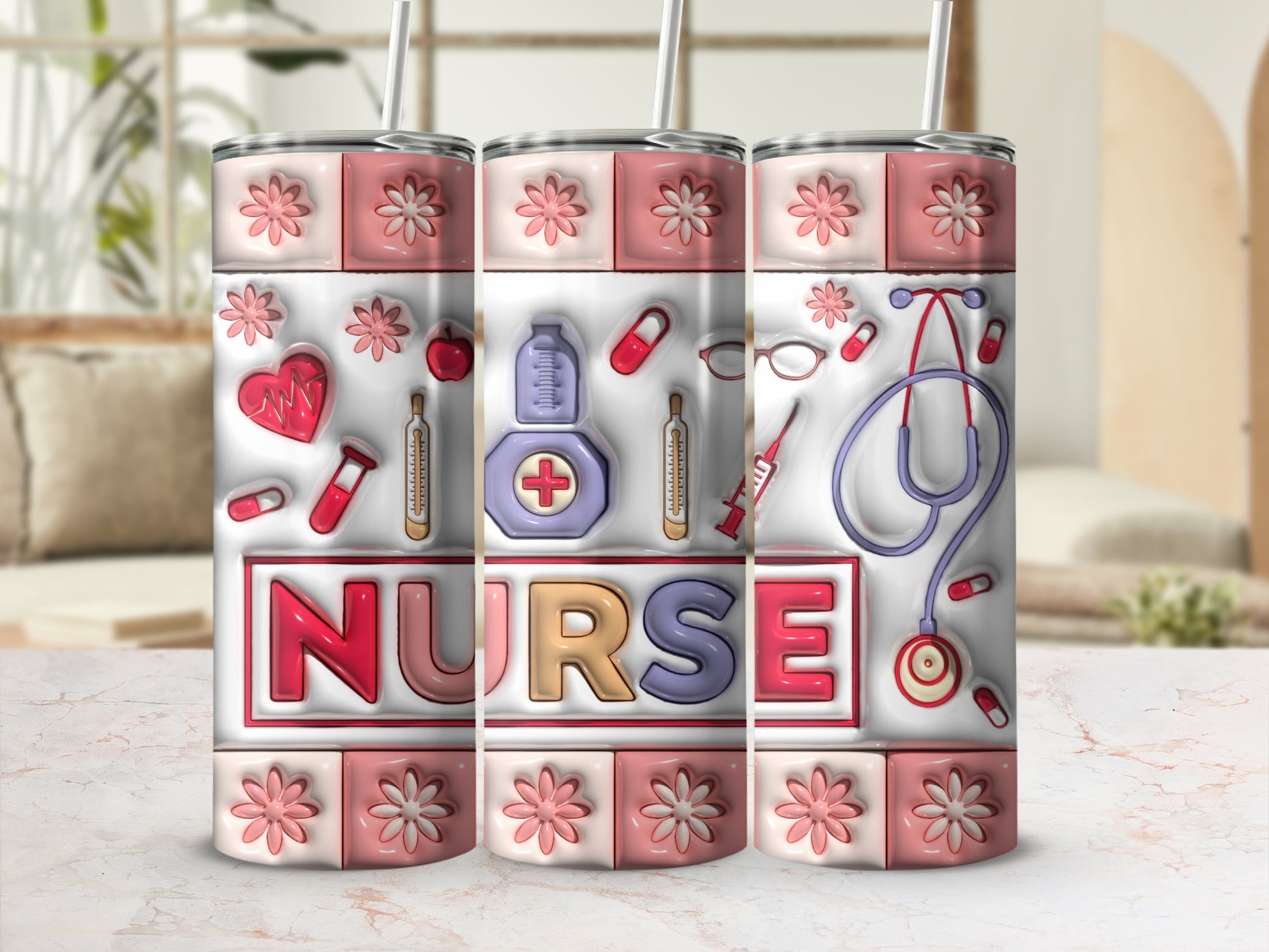 Three nurse-themed tumblers with medical icons and colorful lettering.