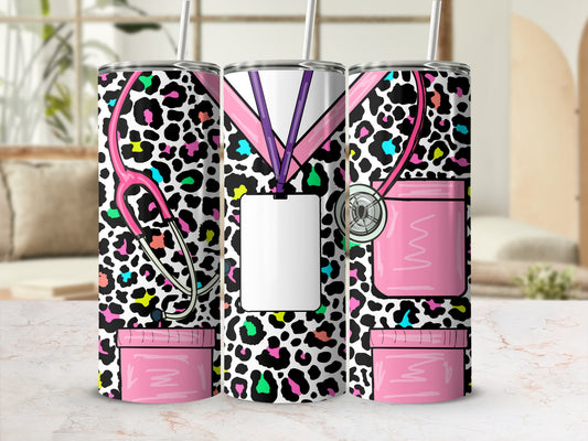 Leopard print tumbler with stethoscope and ID badge design.