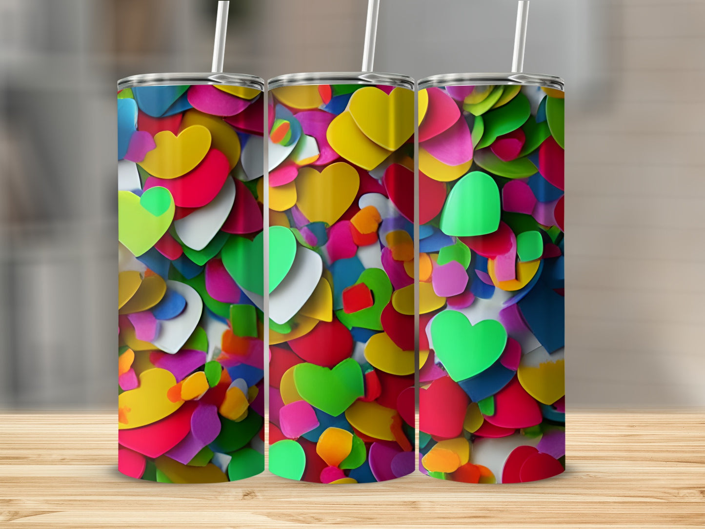 Three tumblers with a vibrant, colorful heart pattern on a wooden surface.