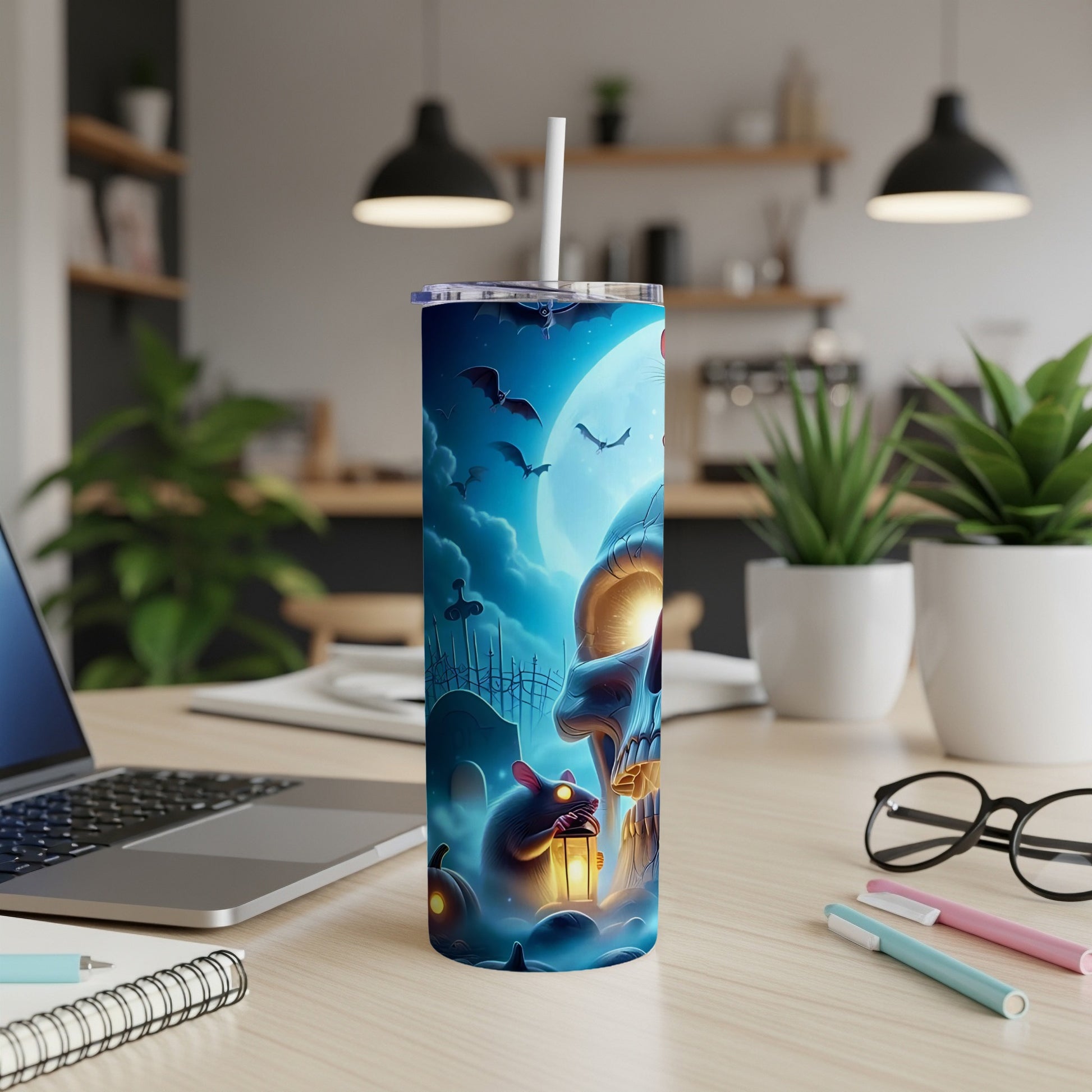 Tumbler with Halloween theme: skull, bats, graveyard, and rat with lantern.