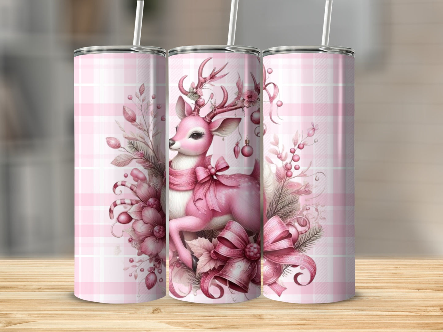Pink Plaid and Floral Reindeer Tumbler with Straw