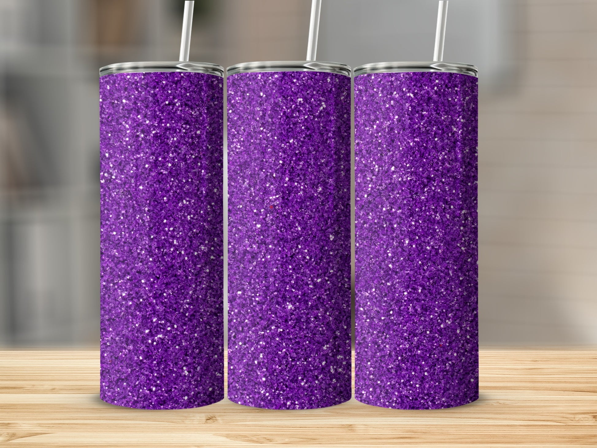Sparkling Purple Glitter Tumbler with Straw Set of 3