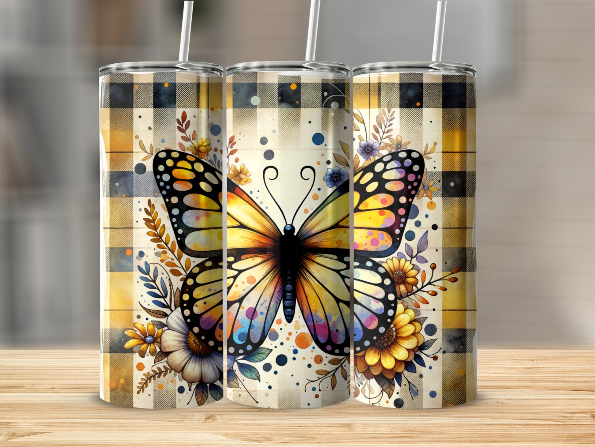 Yellow and orange butterfly on plaid background with flowers.