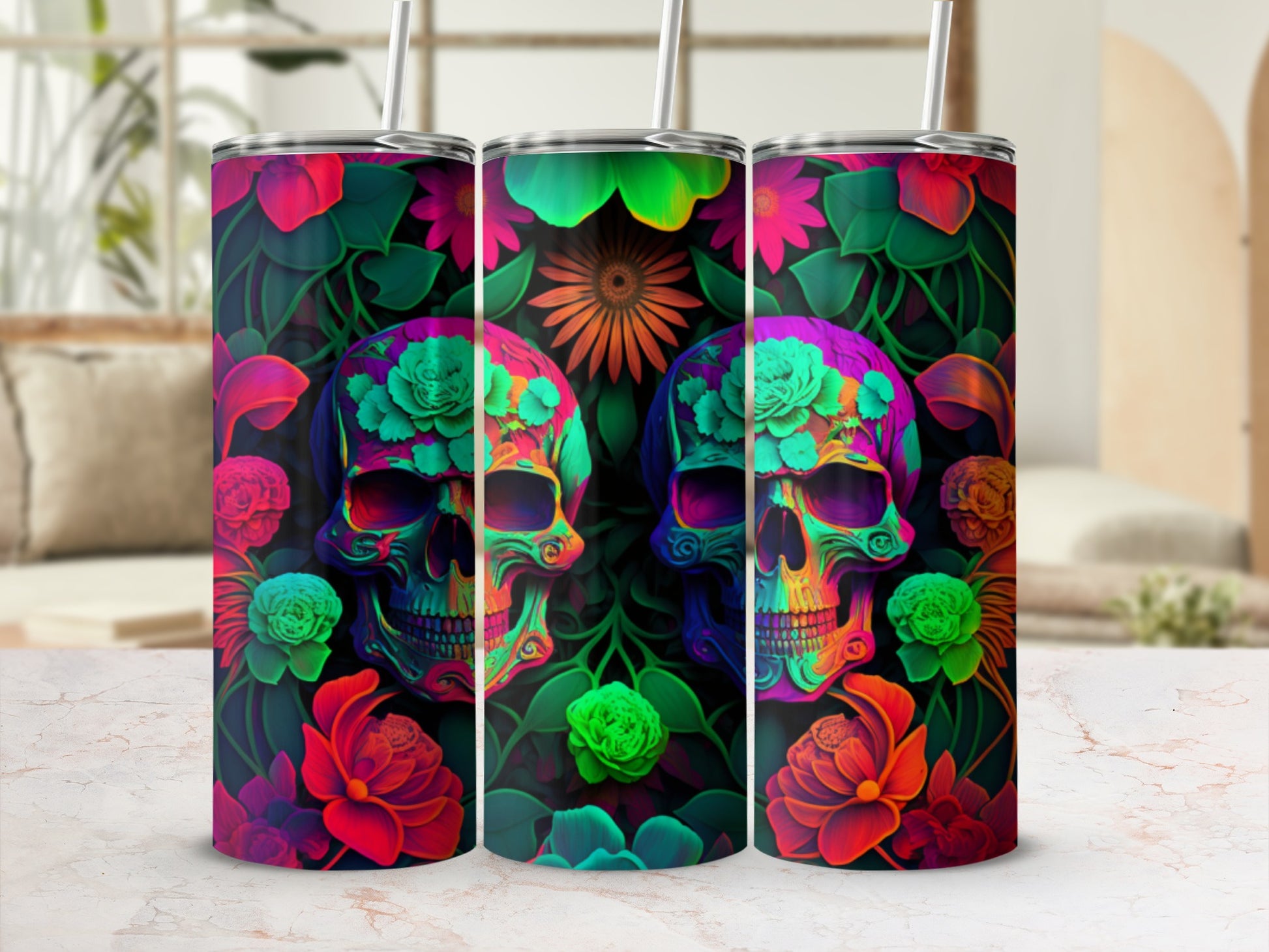 Colorful Skull and Flowers Design Tumbler