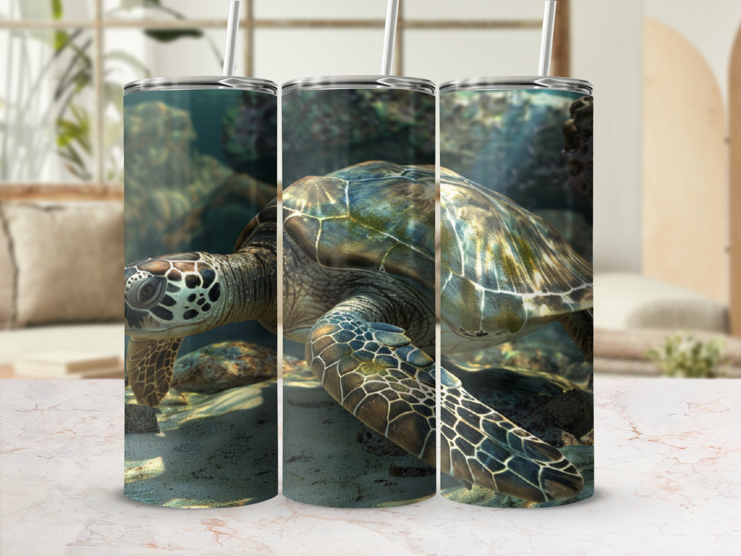 Sea turtle swimming underwater on a cylindrical tumbler mockup.