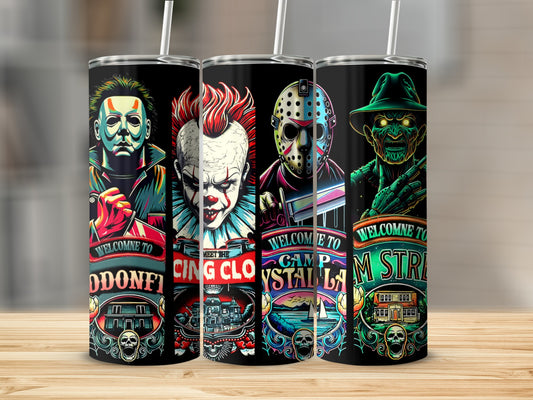 Horror movie villains on tumblers with welcome text and iconic locations.