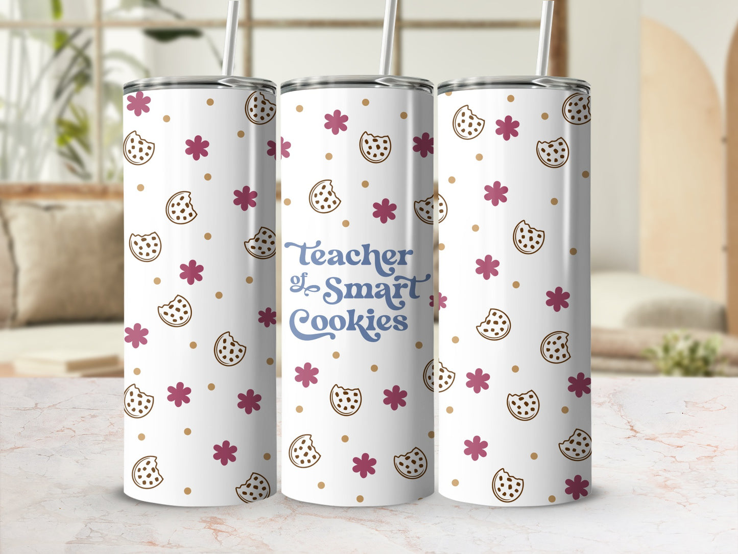 Tumbler with "Teacher of Smart Cookies" text and cookie, flower pattern.