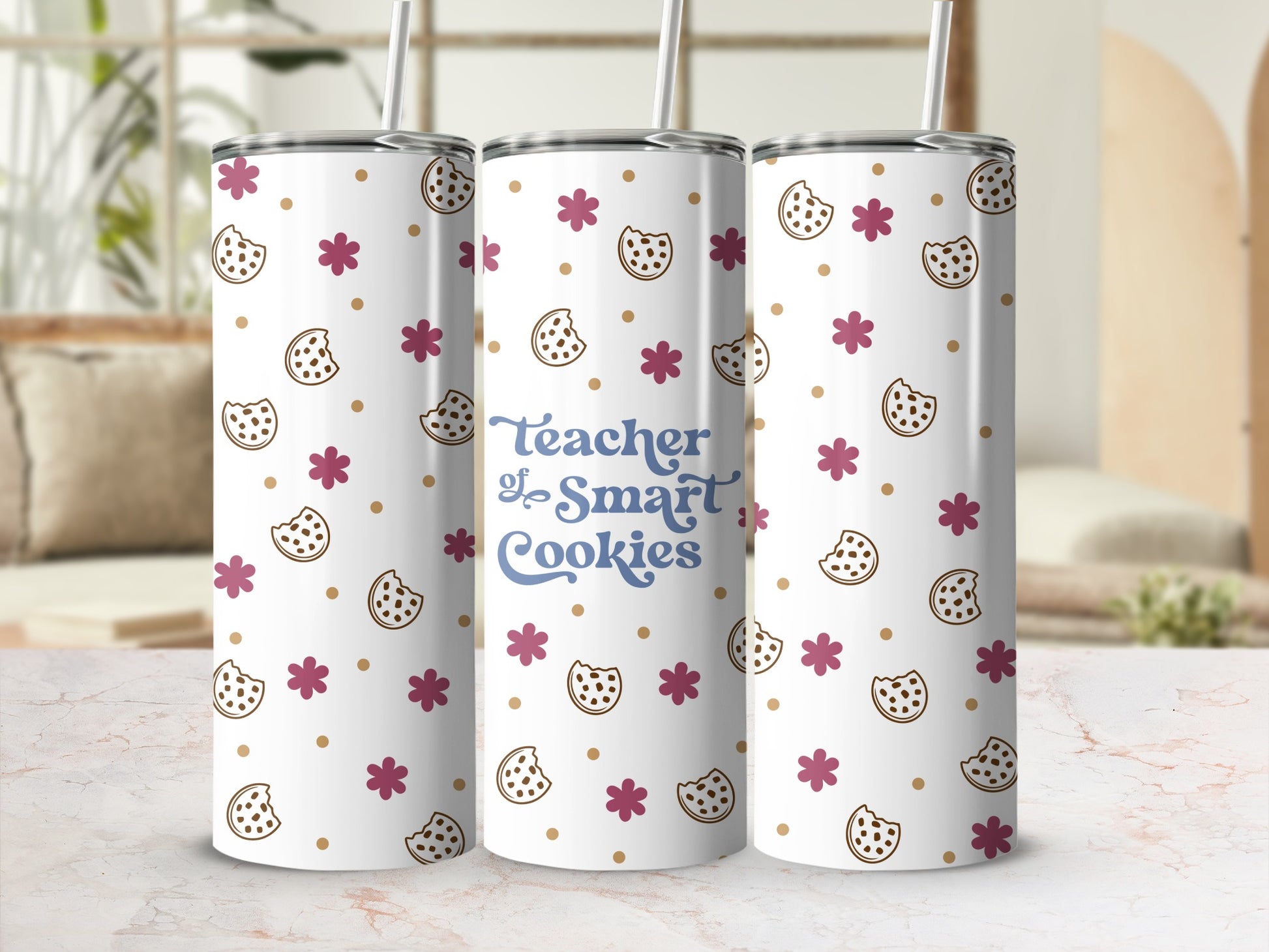 Tumbler with "Teacher of Smart Cookies" text and cookie, flower pattern.
