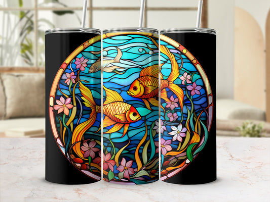 Three black tumblers with stained glass art of goldfish and flowers.