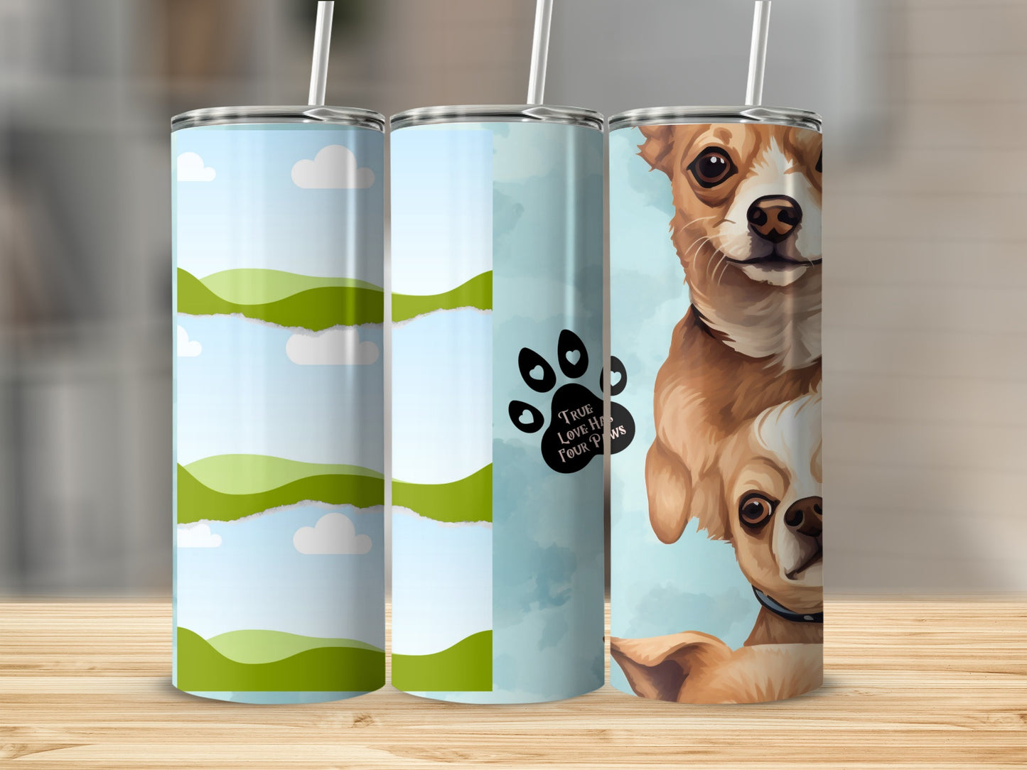 Three tumblers with designs: rolling green hills, a paw print with text, and two chihuahuas.