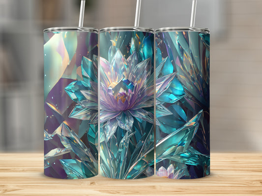 Three tumblers with iridescent crystal lotus flower designs on a wooden surface.