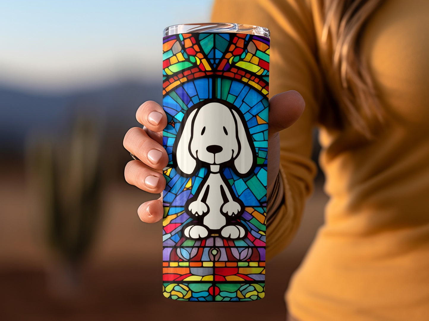 Vibrant Stained Glass Dog Art Tumbler Travel Mug