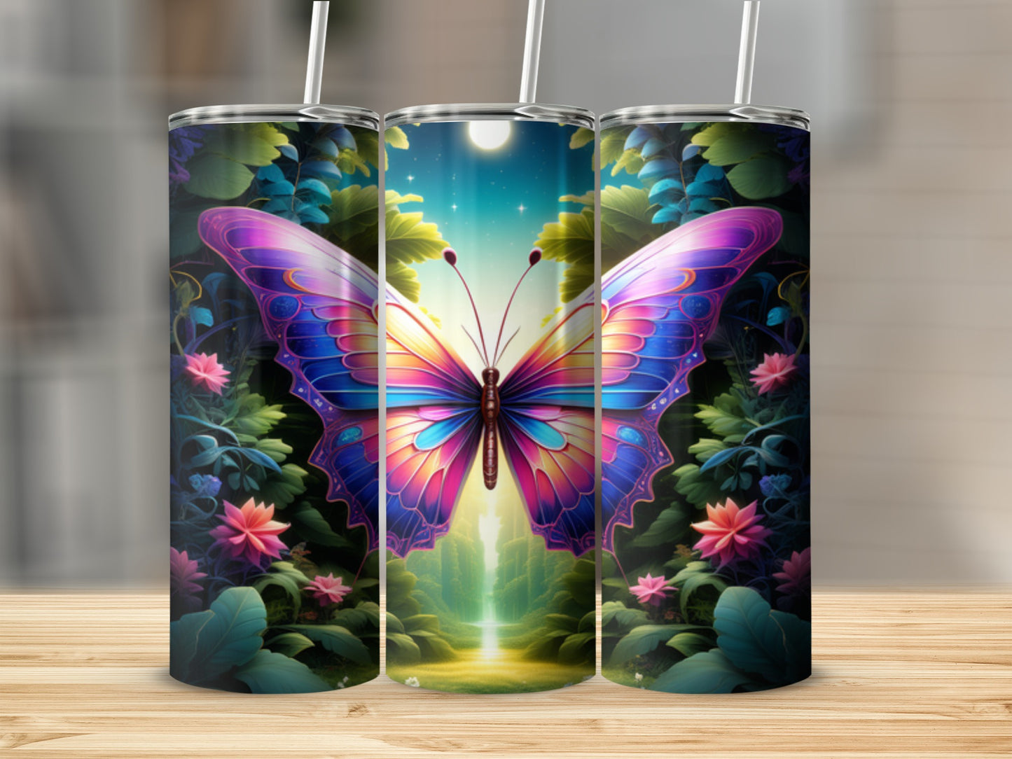 Triptych of tumblers with colorful butterfly and floral forest scene.