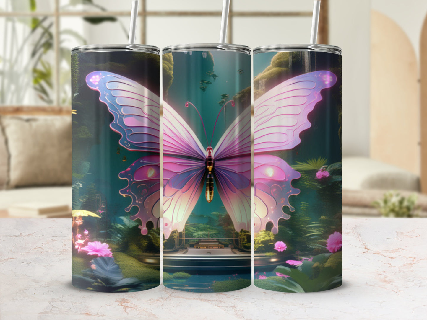 Tumbler with a large iridescent butterfly design on a fantastical background.