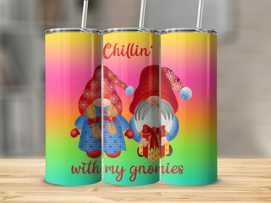 Two gnomes with gifts and "Chillin' with my gnomies" text on tumblers.