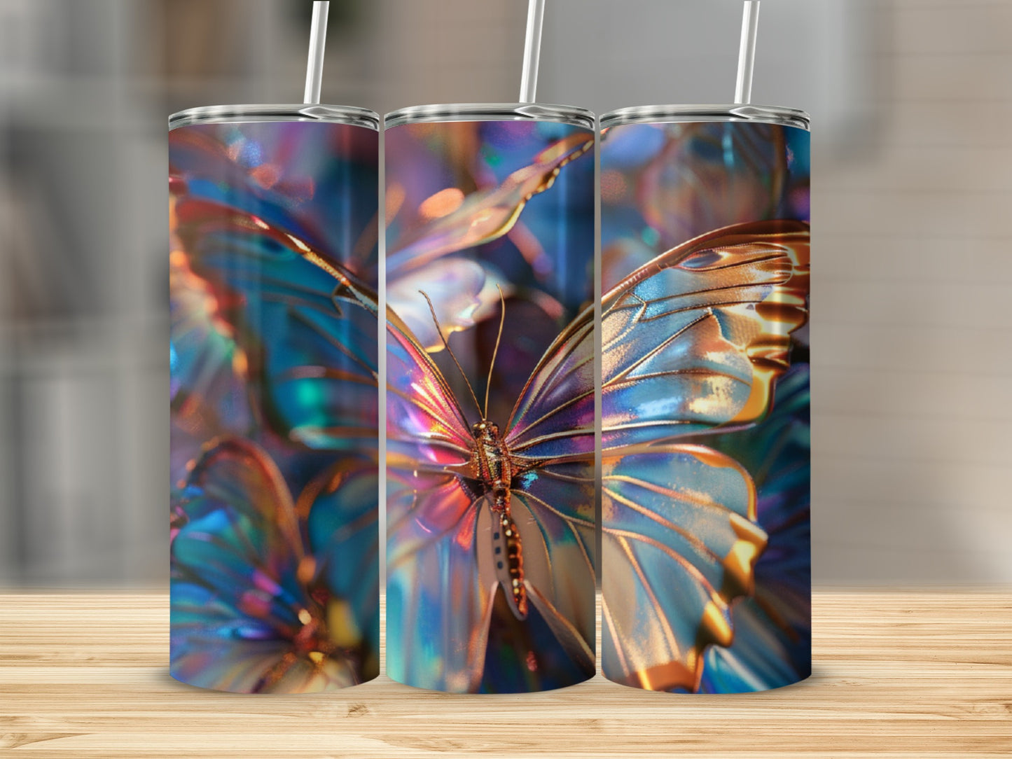 Three iridescent butterfly tumblers with colorful floral background.