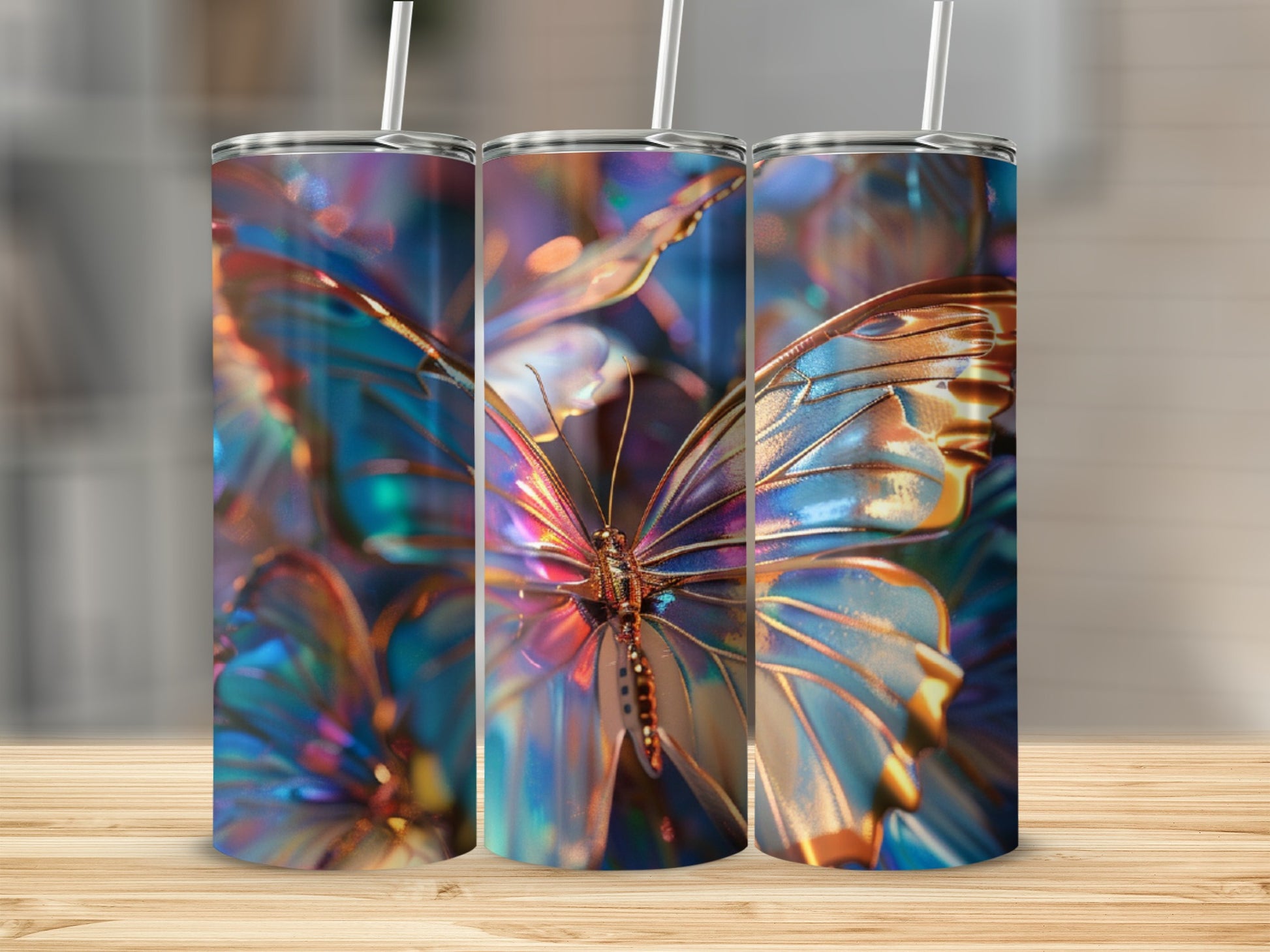 Three iridescent butterfly tumblers with colorful floral background.