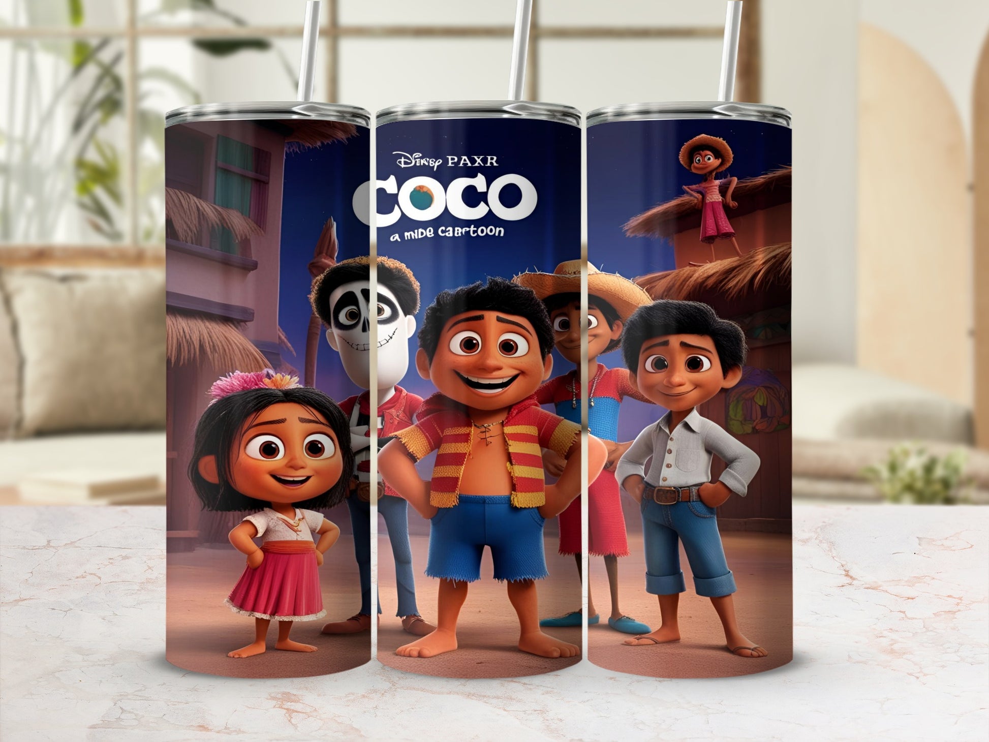 Disney Pixar Coco characters Miguel, Hector, and Mamá Coco on a tumbler.