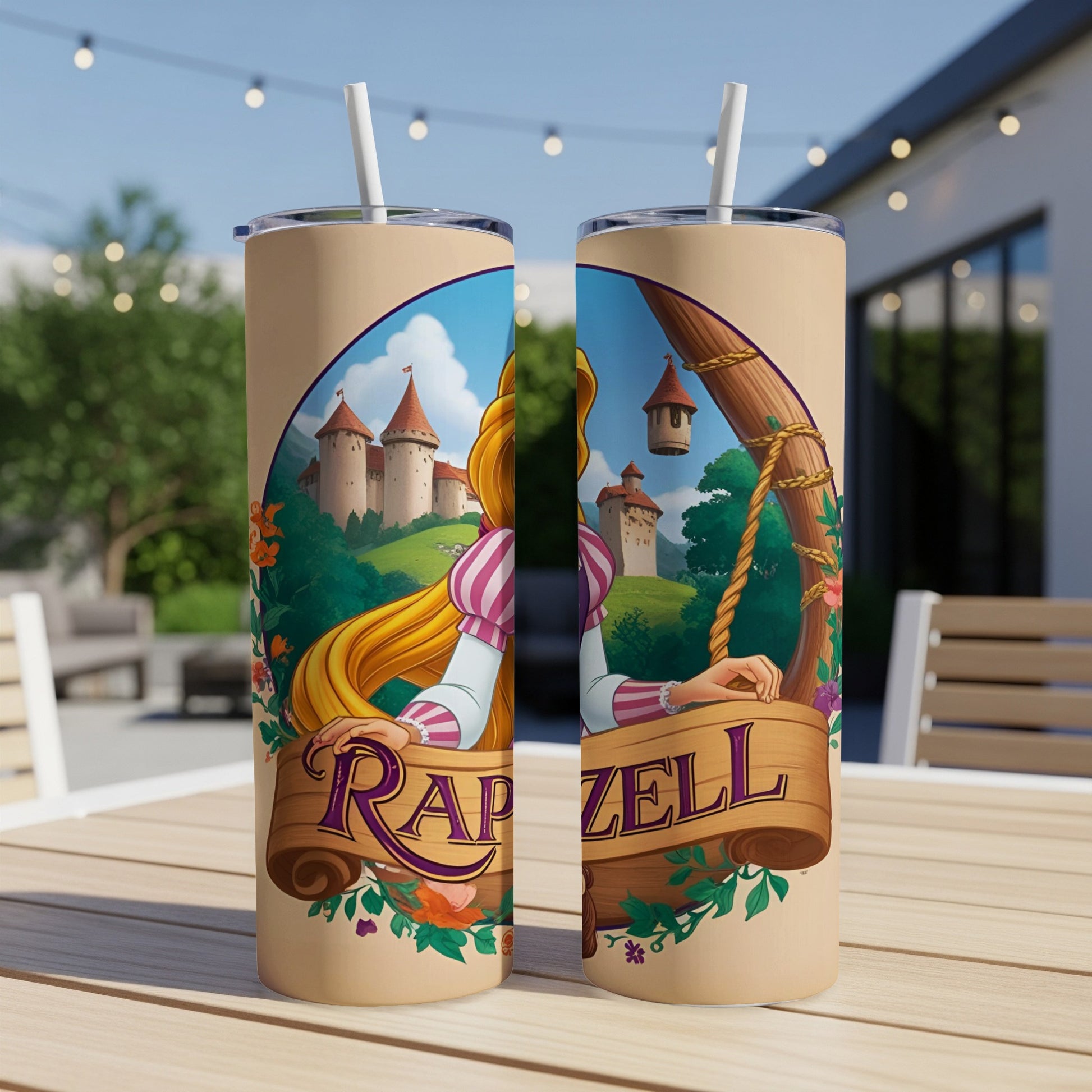 Rapunzel on a wooden sign with castle and floral accents.