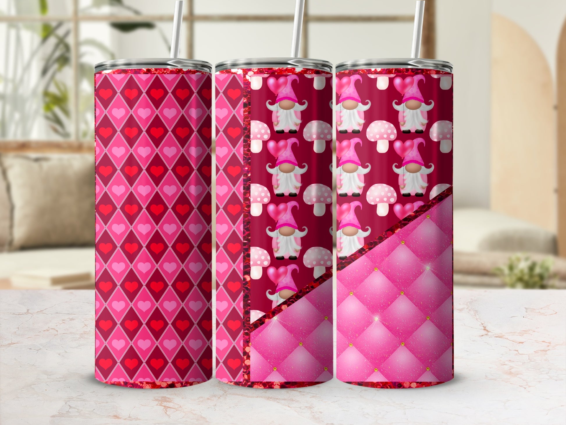 Valentine's Day Gnome Patterns and Hearts Tumbler