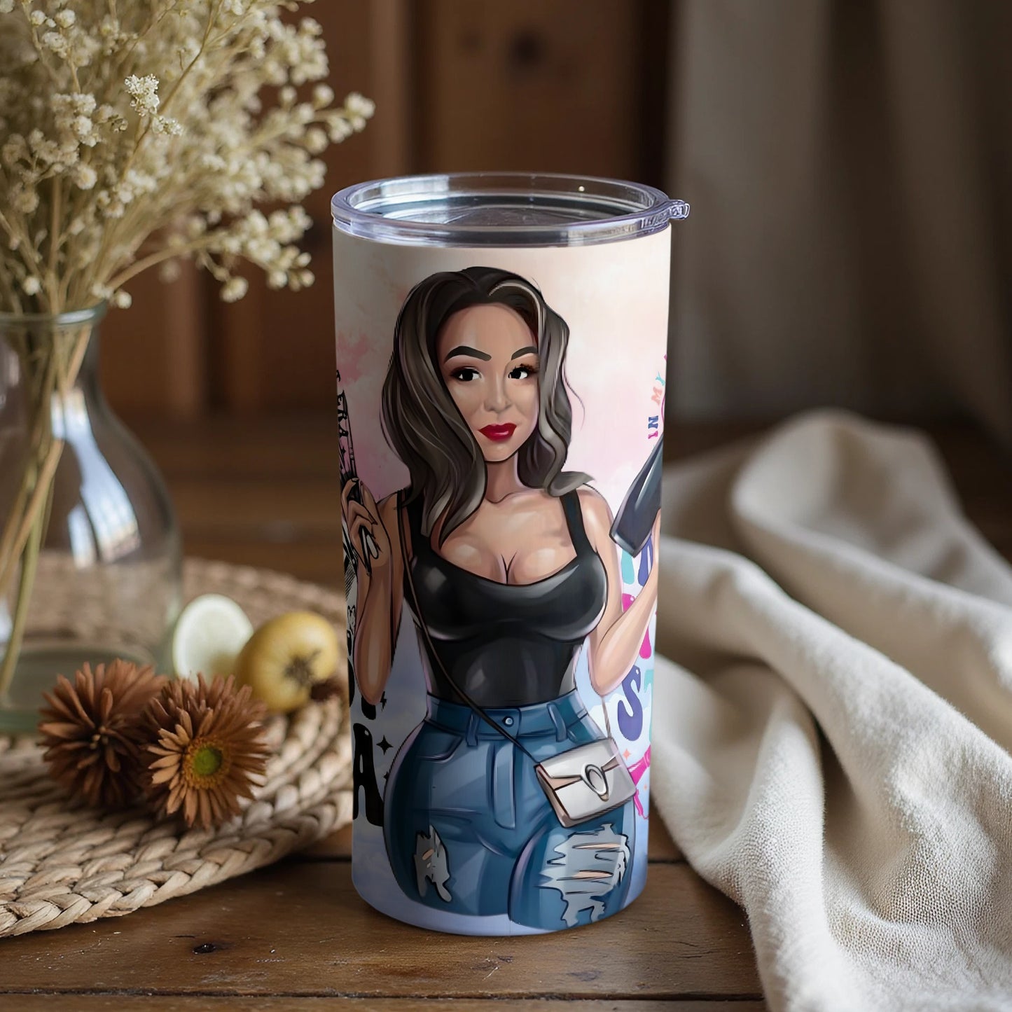 Stylish Cartoon Character Tumbler with Flowers Design
