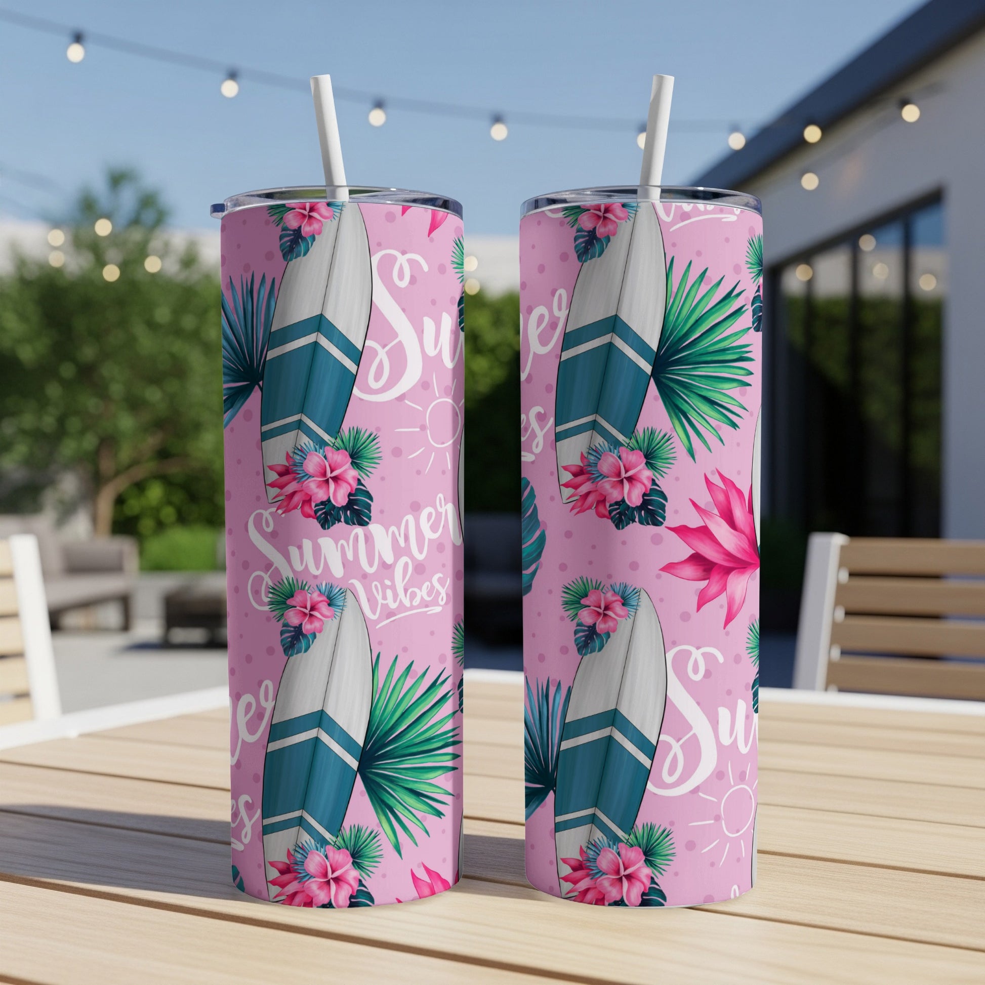 Pink tumbler with surfboards, palm leaves, and "Summer Vibes" text.